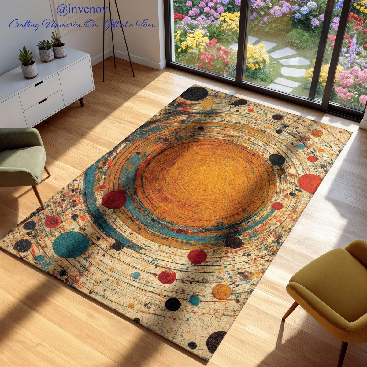 A rectangular area rug with a colorful abstract spiral and dot pattern, shown in a bright living room with wooden floors, modern chairs, and large windows overlooking a garden.