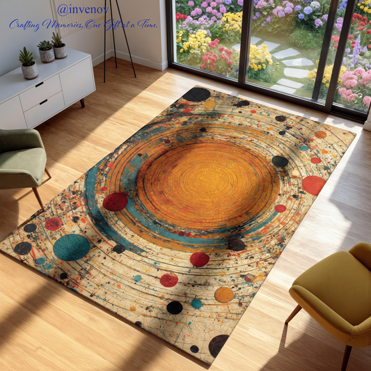 A rectangular area rug with a colorful abstract spiral and dot pattern, shown in a bright living room with wooden floors, modern chairs, and large windows overlooking a garden.