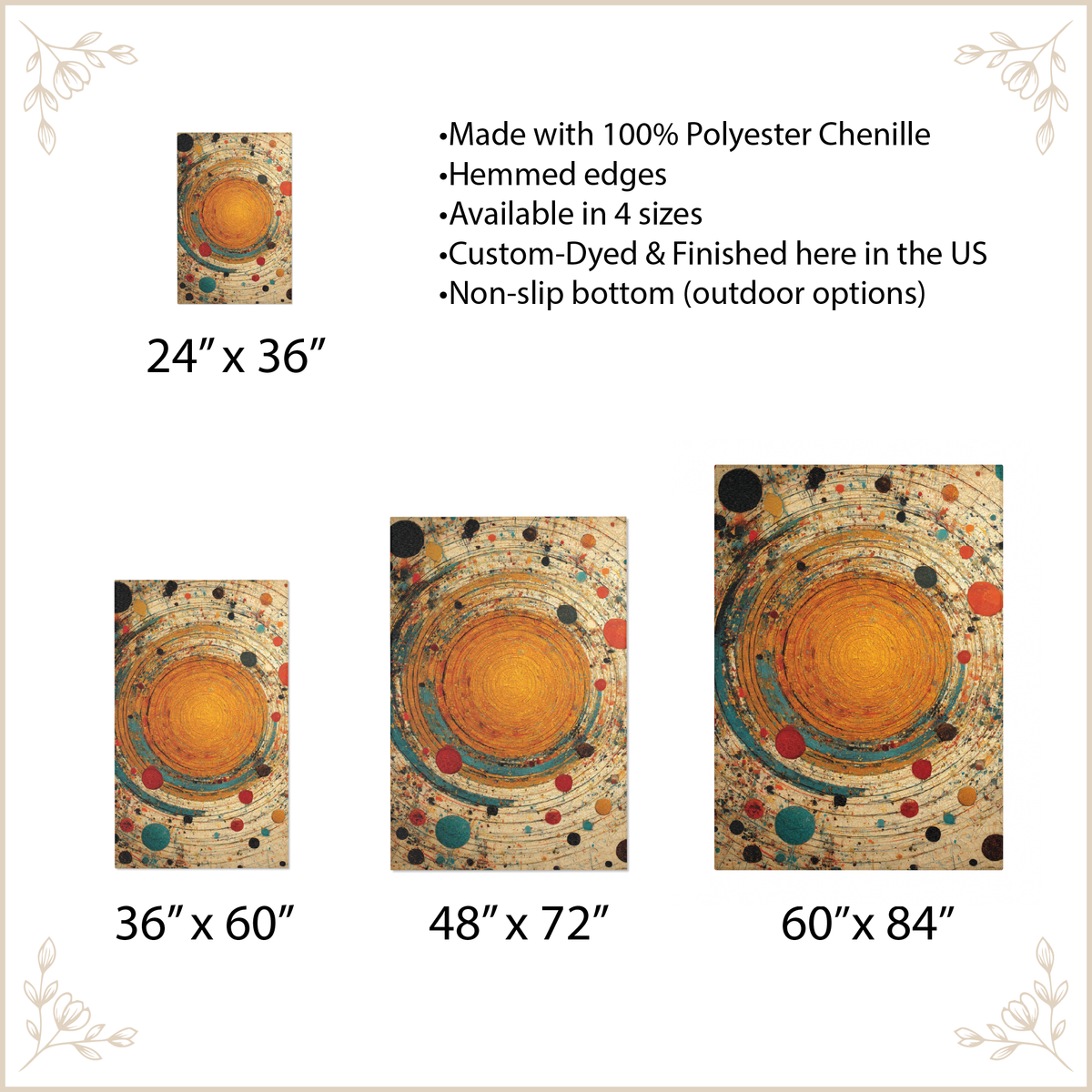 Size chart for a area rug made of polyester chenille, showing four sizes with text listing features: 24 x 36, 36 x 60, 48 x 72, and 60 x 84. The product has a concentric circular design with a bright yellow-orange center and multicolored dots on a textured beige background.
