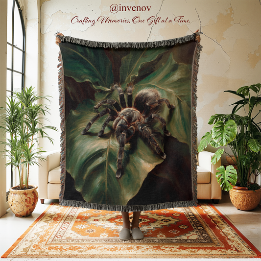 Woven blanket with spider design on a rug in a room with plants and furniture.