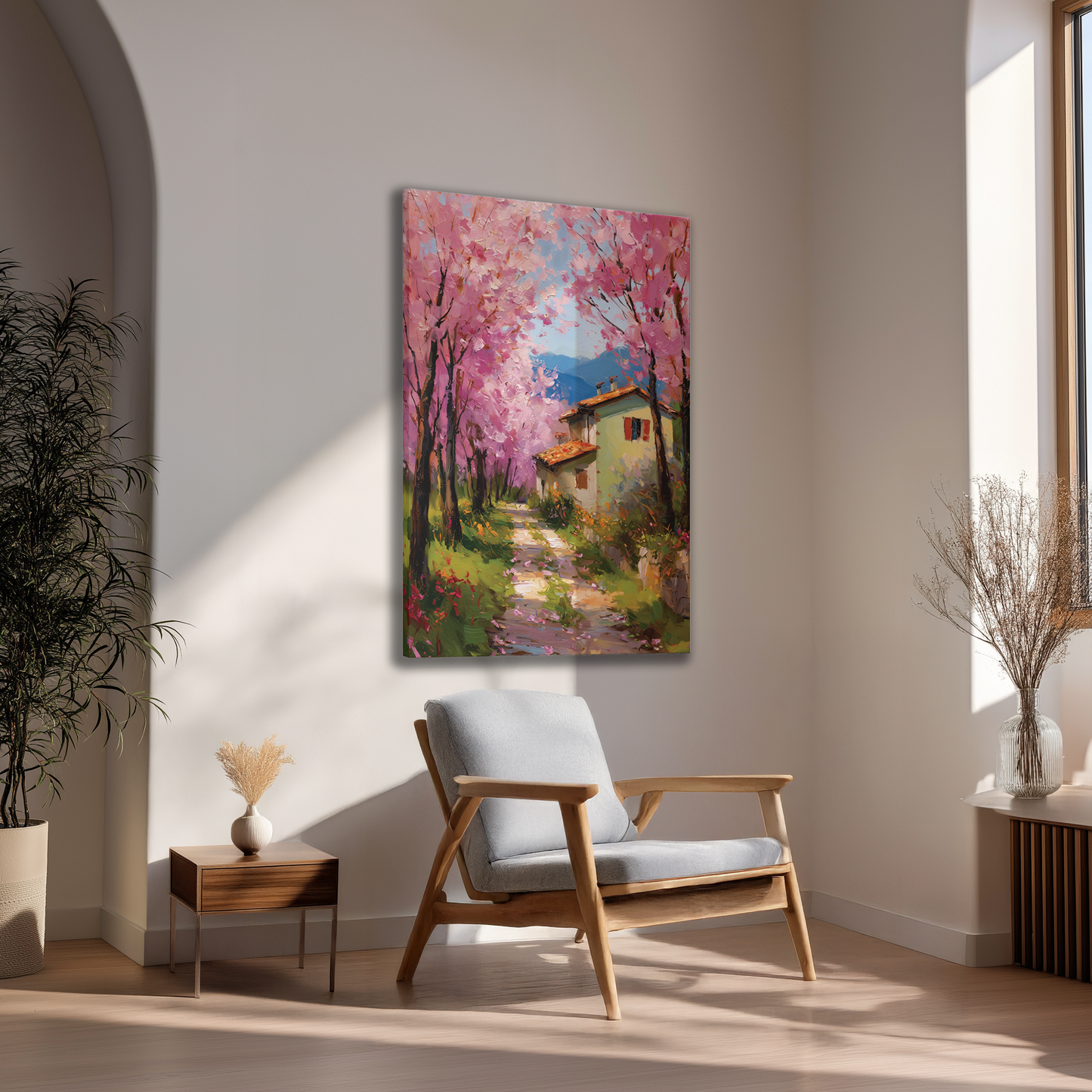 Countryside Path with Cherry Blossom Trees Wall Art Canvas or Poster Print, Rustic House Spring Landscape Painting Home Living Room Decor