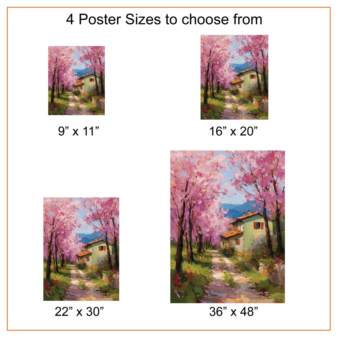 Pink Cherry Blossom Canvas, Romantic Countryside Cottage Oil Painting Style Poster Print, Spring Landscape Art, Cottagecore Wall Decor