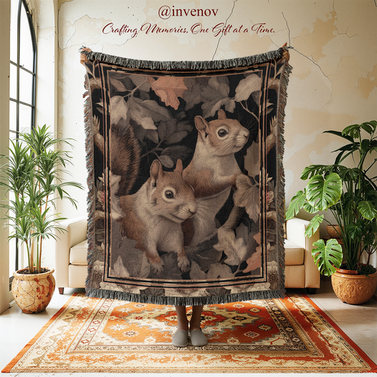 Vintage Style Squirrel Woven Blanket, Woodland Animal Tapestry Throw, Cottagecore Fall Decor, Forest Nature Art, Cute Goblincore Gift