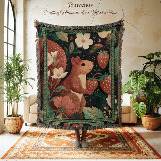 Decorative throw blanket with a squirrel and floral design in a room with plants and furniture.