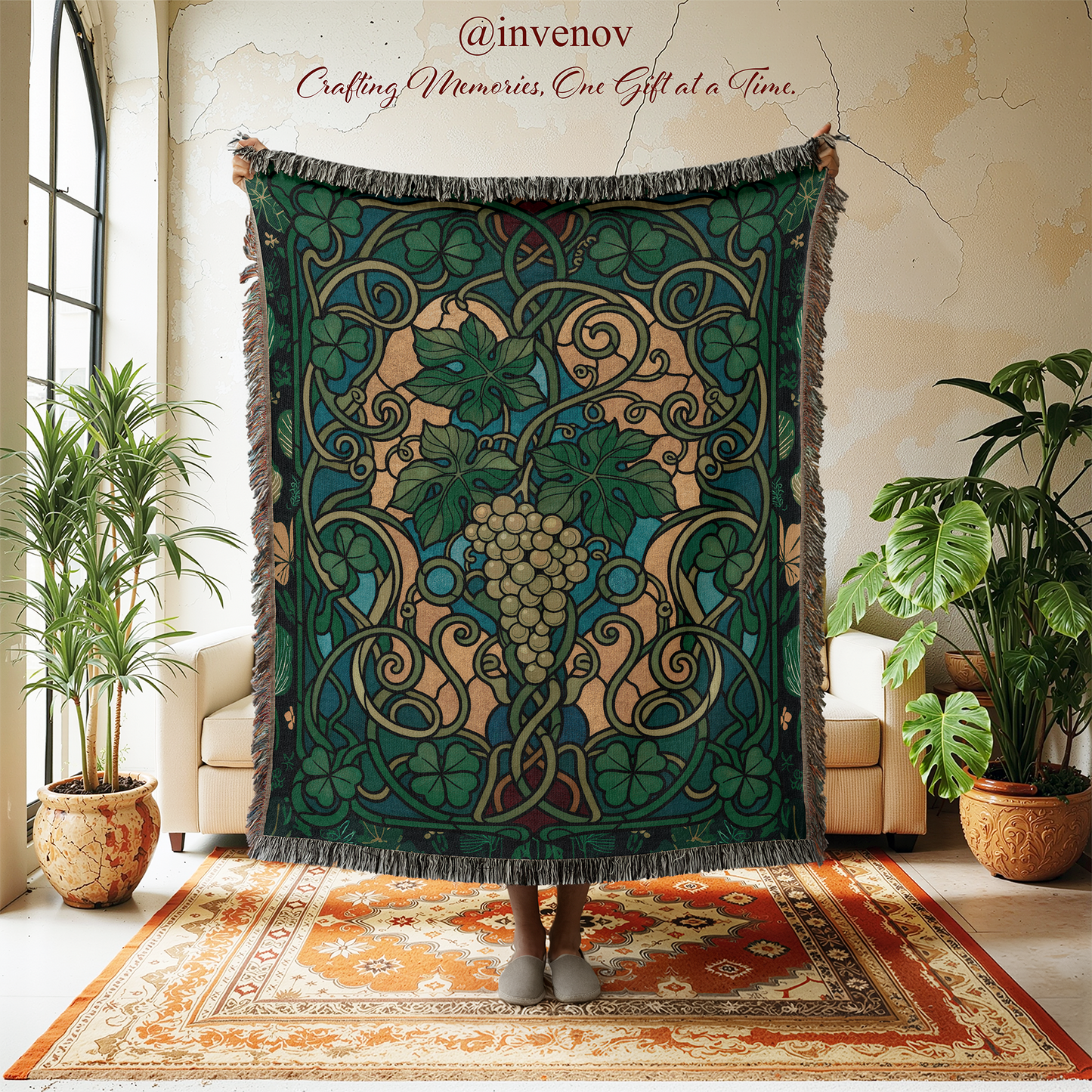 Decorative tapestry with intricate patterns in a room with plants and furniture.