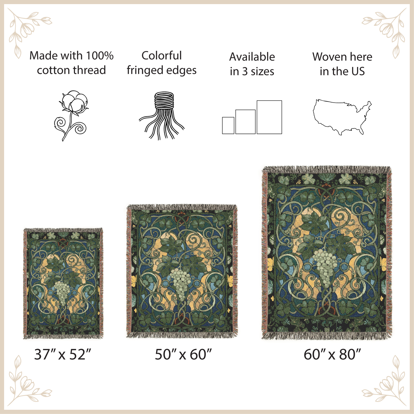 Decorative throw blanket with fringed edges, shown in three sizes, on a beige background.