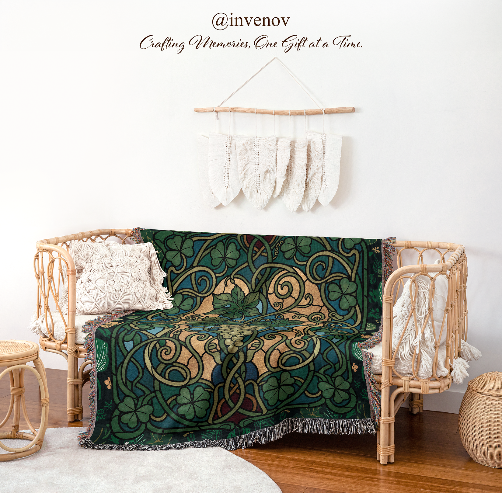Decorative blanket with Celtic knot design draped over a wicker chair