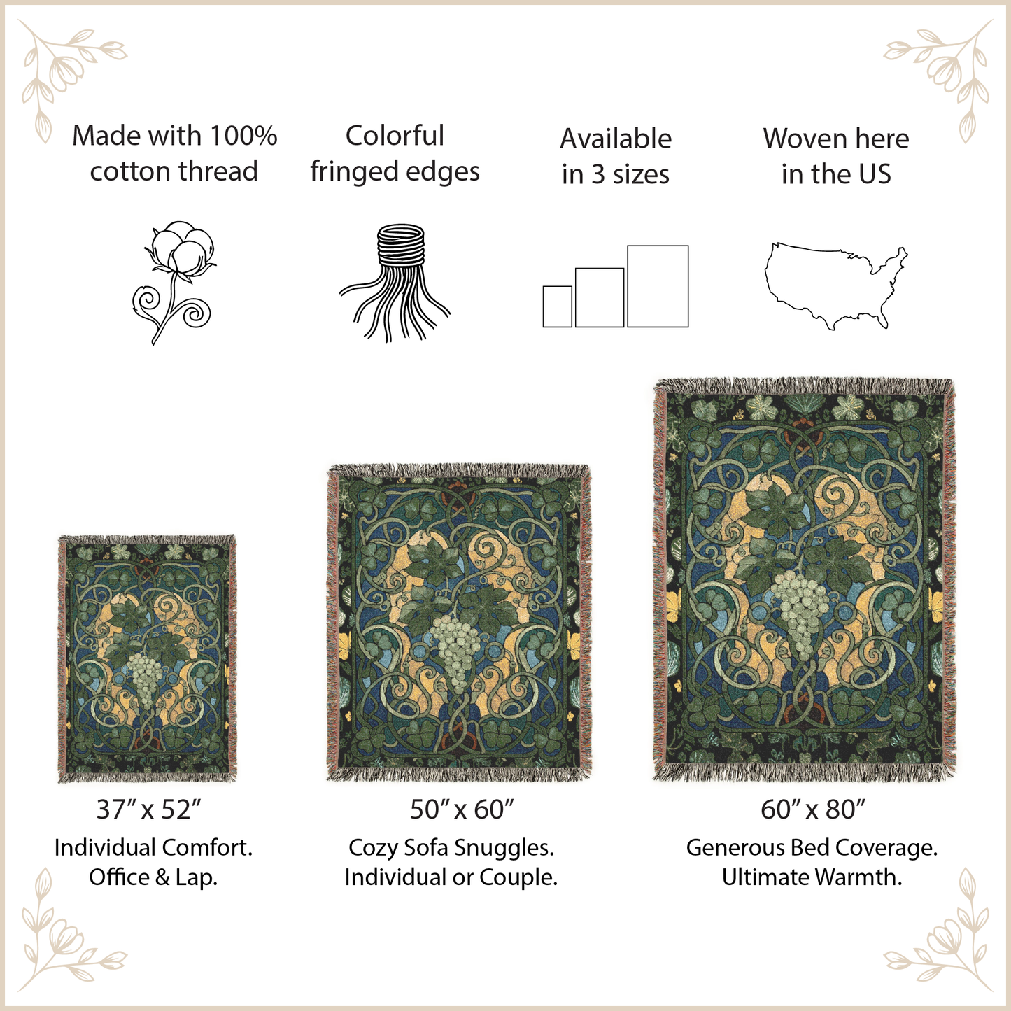 Woven blanket with size options and features