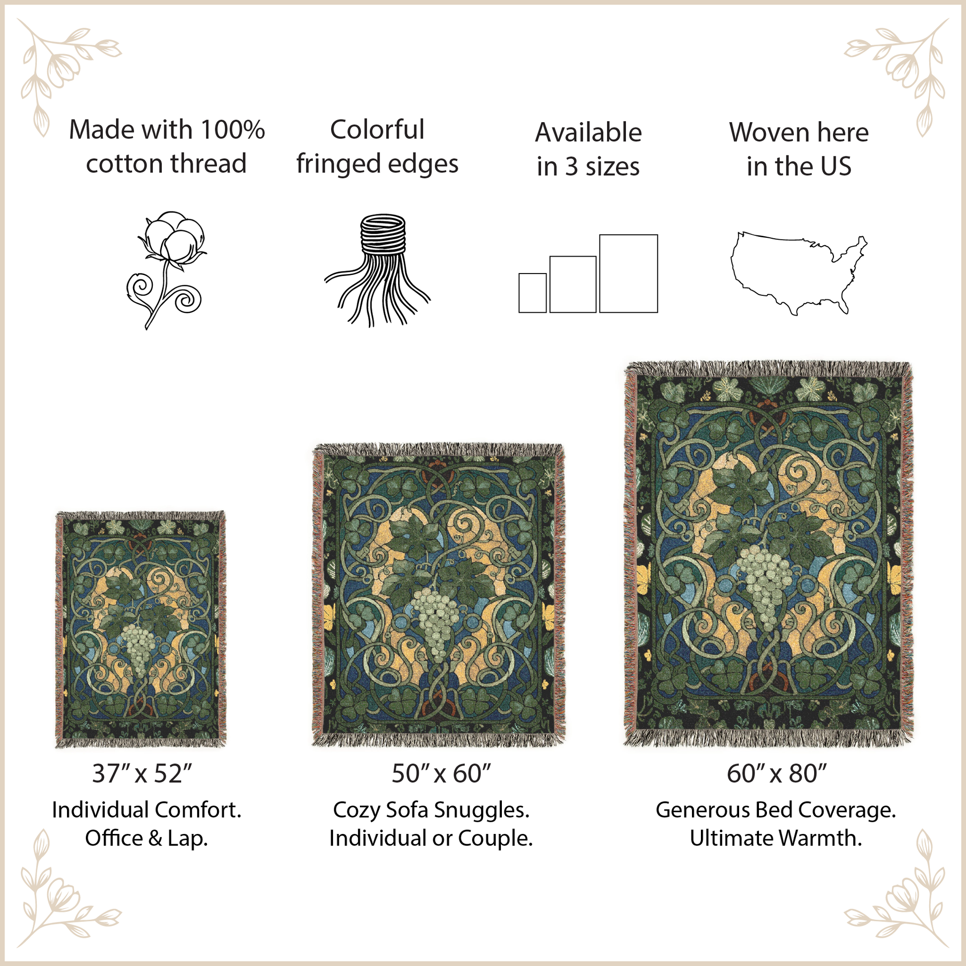 Woven blanket with size options and features