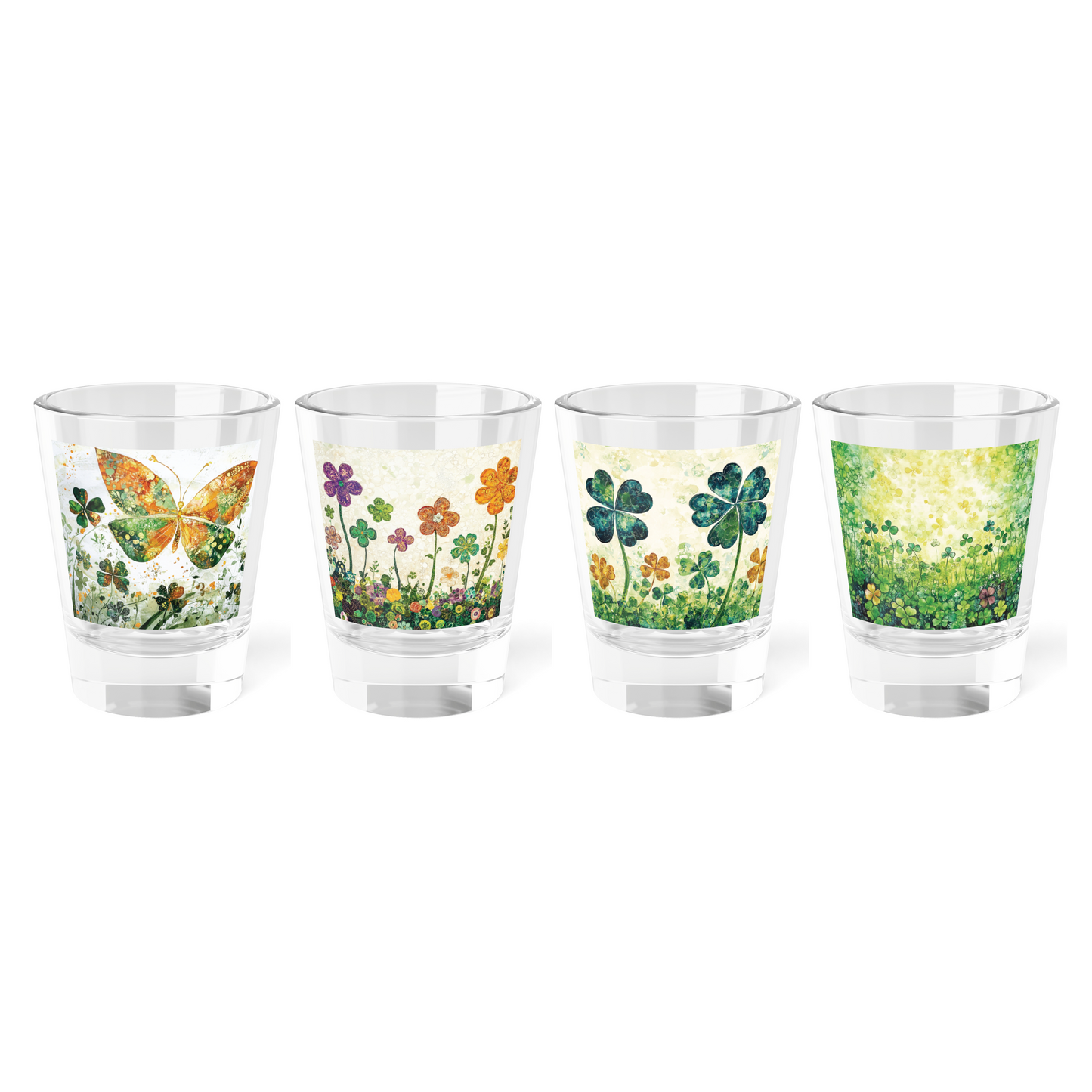 St Patrick's Day Shot Glasses - Shamrocks, Clovers, Flowers, Butterfly - Festive Irish Lucky Springtime Decor, Set of 4 Shot Glasses