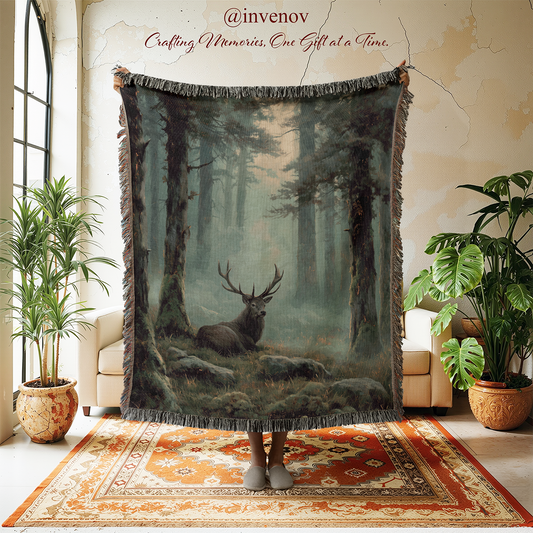 Blanket with a forest and deer design held by a person in a room with plants and a rug.