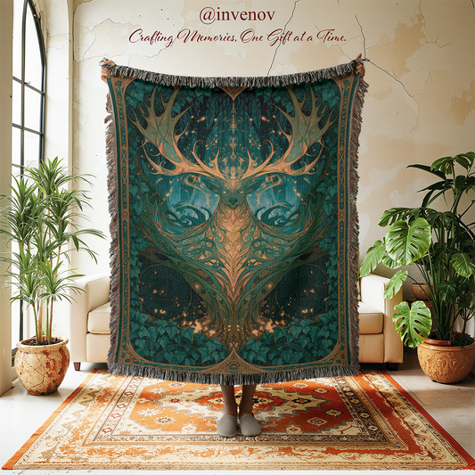 Decorative tapestry with deer design in a room with plants and furniture.