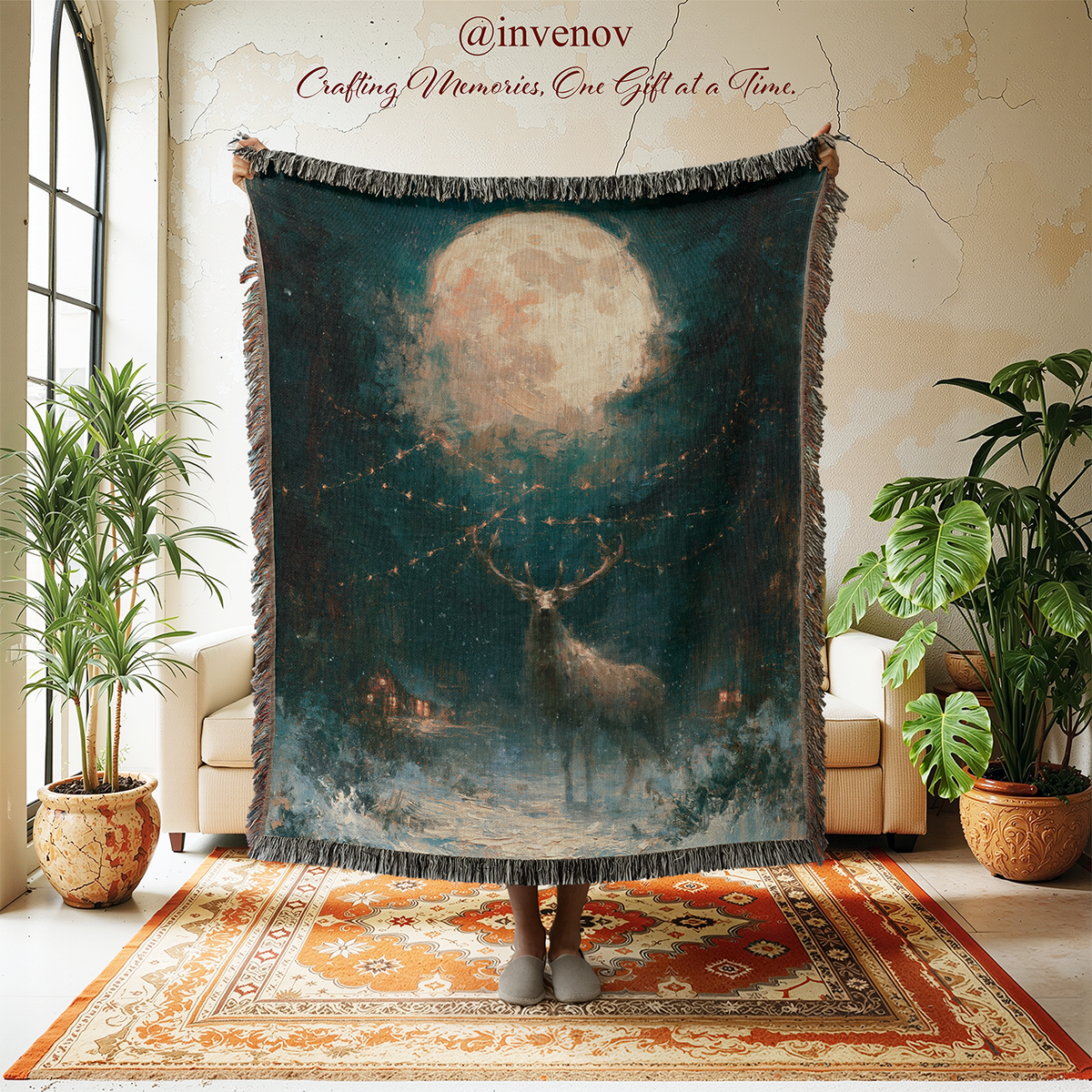 A large fringed throw blanket is held up in a styled room setting, featuring a dark fantasy-style print of a stag under a glowing full moon with string lights. The blanket is held by a person whose feet are visible at the bottom, standing on a patterned rug between two potted plants.