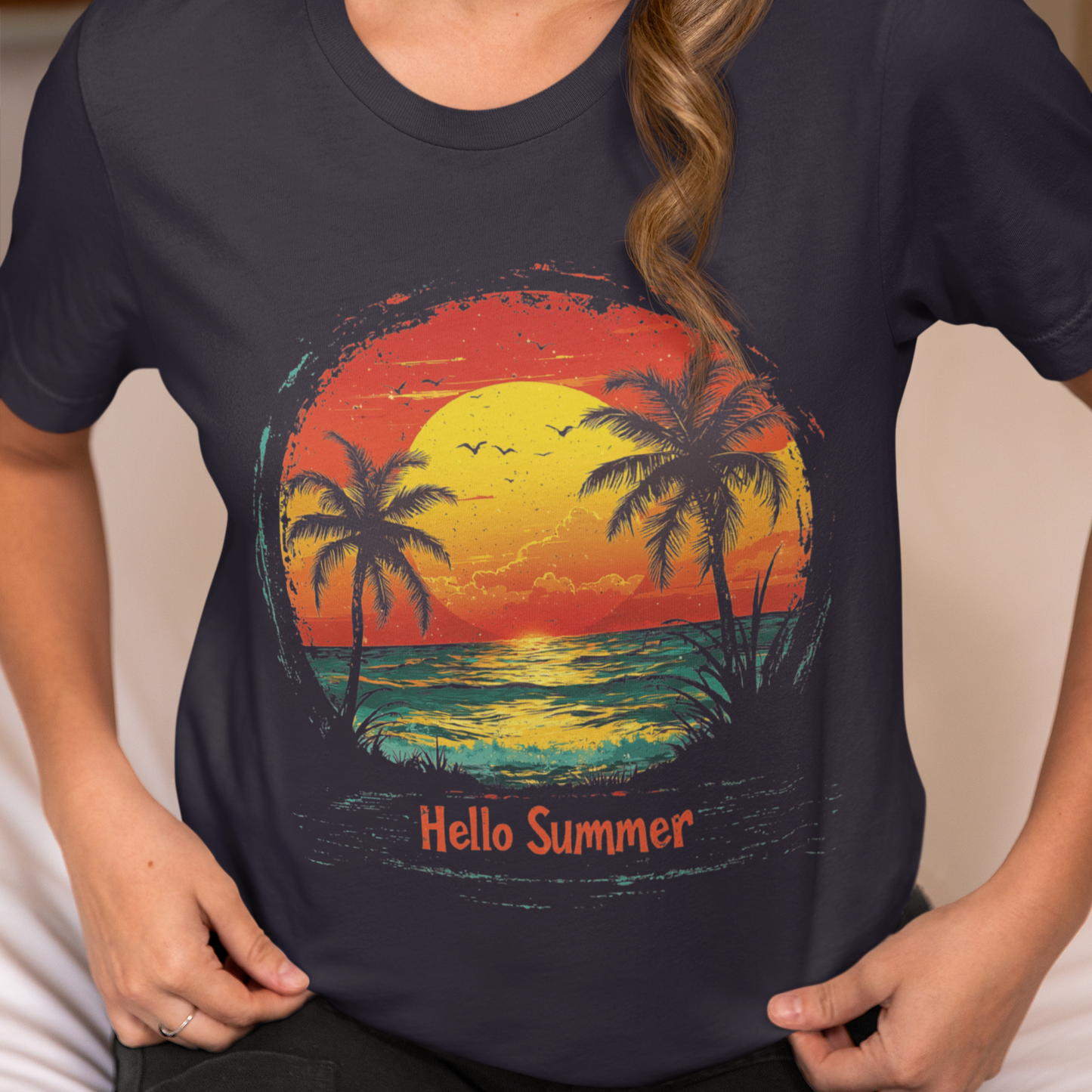 Vintage-Inspired Tropical Sunset T-Shirt, Hello Summer Retro Tee, Beach Lover Gift, Summer Enthusiast Shirt, Ocean Sunset Vacation Top