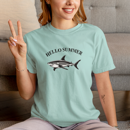 Hello Summer Shark Graphic T-shirt, Cool Beach Vibe Shirt, Ocean Adventure Tee, Summer Casual Wear, Simple Summer Graphic Tee