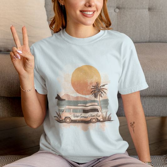 Comfort Color Vintage-Inspired Summer Road Trip T-shirt, Retro Van Beach Tee, Wish Summer Never End Shirt, Boho Style Shirt, Vacation Top