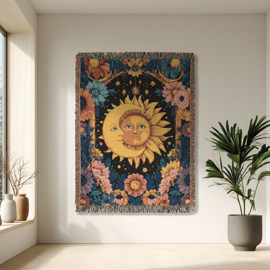 Celestial Sun and Moon Woven Blanket with Boho Floral Design, Mystic Home Decor, Cozy Throw Spiritual Nights, Vintage Style Cosmic Tapestry