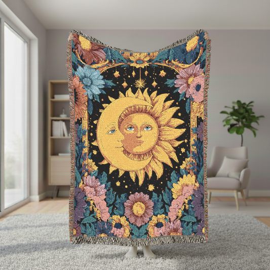 Sun and Moon Woven Blanket, Celestial Tapestry Wall Hanging, Boho Floral Jacquard Throw, Hippie Style Home Decor, Spiritual Gift for Her