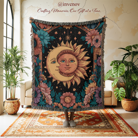 Decorative tapestry with sun and moon design in a room with plants and furniture.