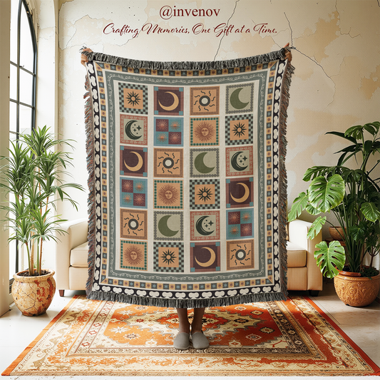 Decorative tapestry with geometric patterns hanging in a room with plants and furniture.