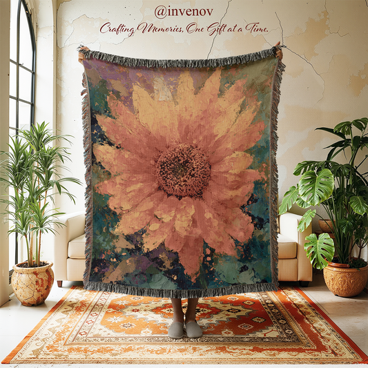 Decorative throw blanket with a large floral design in a room with plants and furniture.