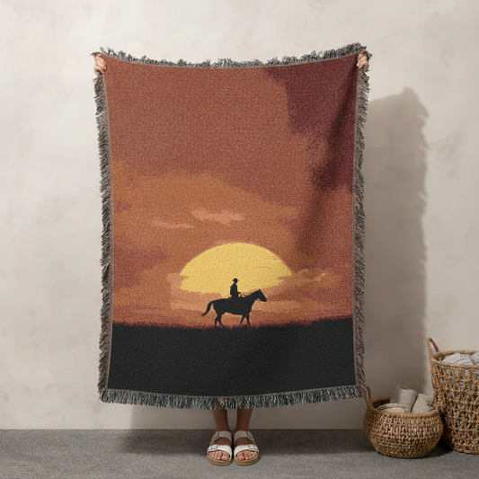 Cowboy Sunset Woven Blanket Tapestry, Western Style Home Decor, Horse Lover, Nature Inspired Wall Art, Rustic Bedding, Fringed Couch Throw