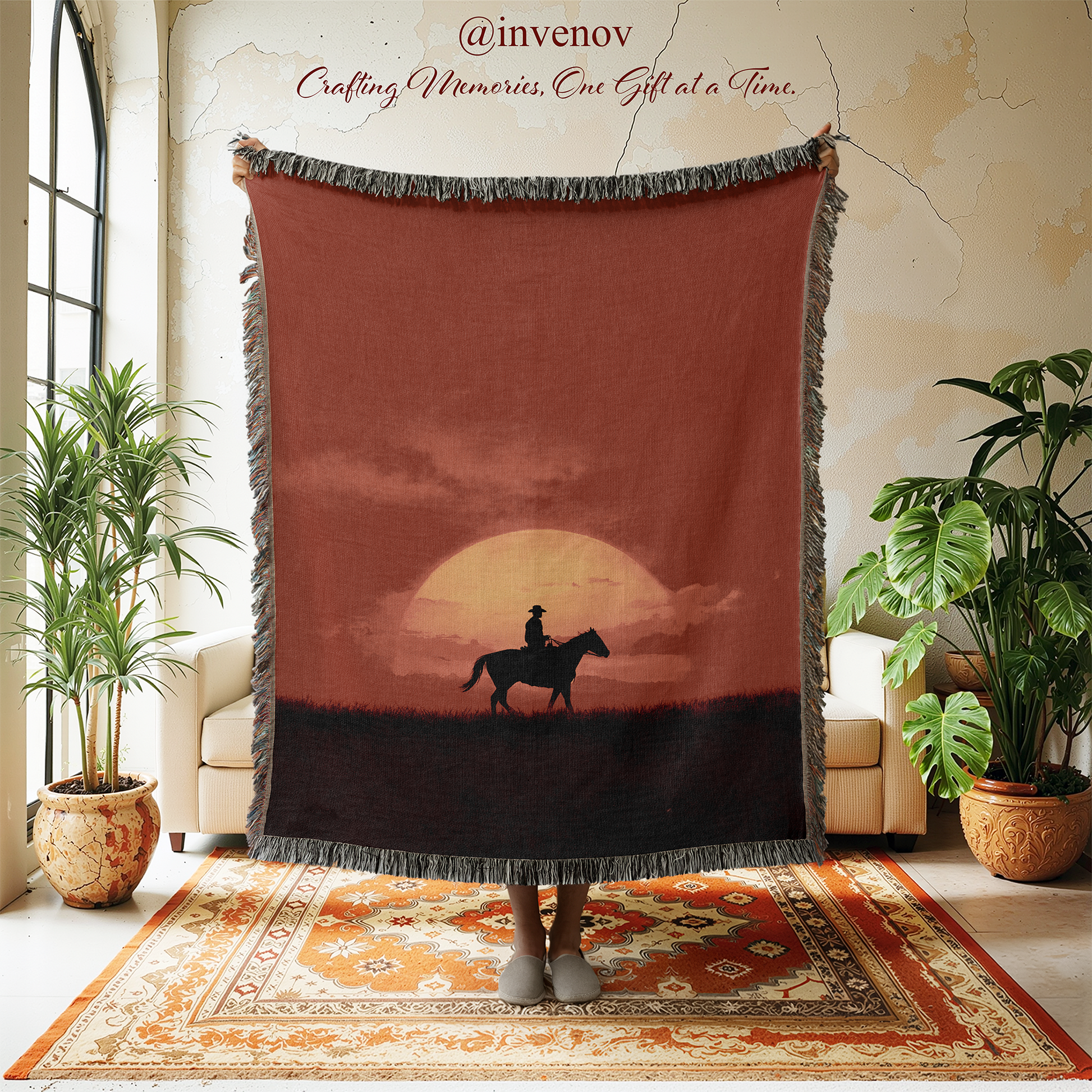 Decorative blanket with a sunset and horse silhouette design, displayed in a room with plants and furniture.