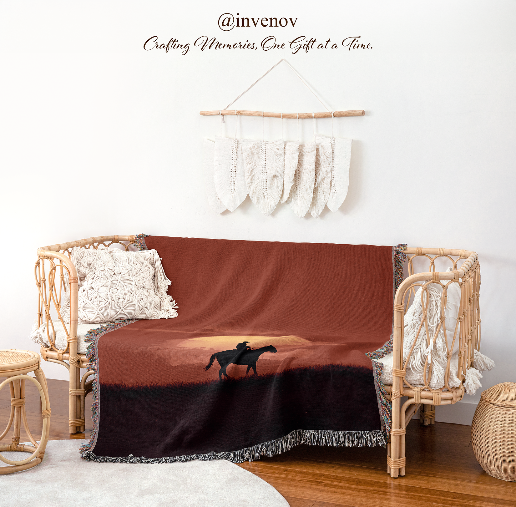 Brown blanket with horse design draped over a wicker chair