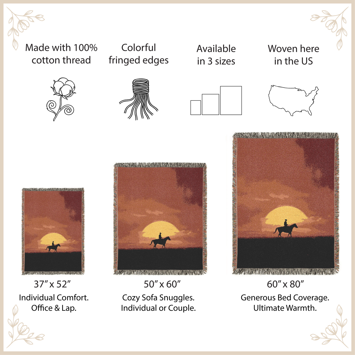 Woven blanket with sunset design and horse silhouette, displayed with size information and product features.