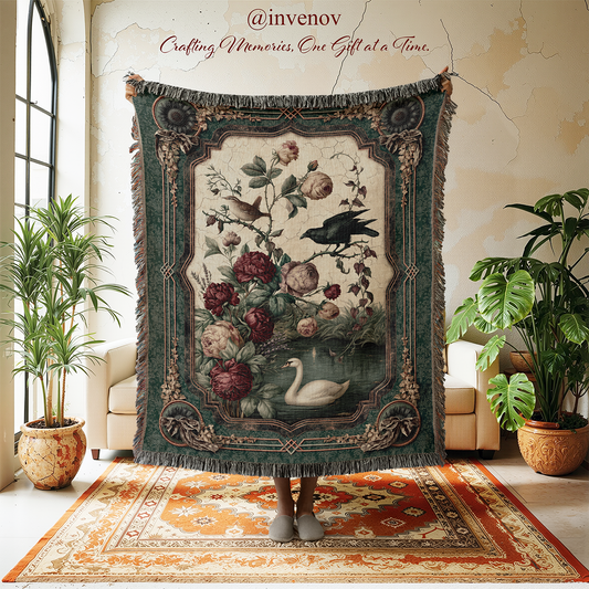 woven blanket with bird, floral and swan designs