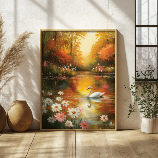 Impressionist Swan Pond Poster, Nature Wall Art Print, Daisy Flower Art, Home Office Decor, Painting Style Wall Art Print, Living Room Decor