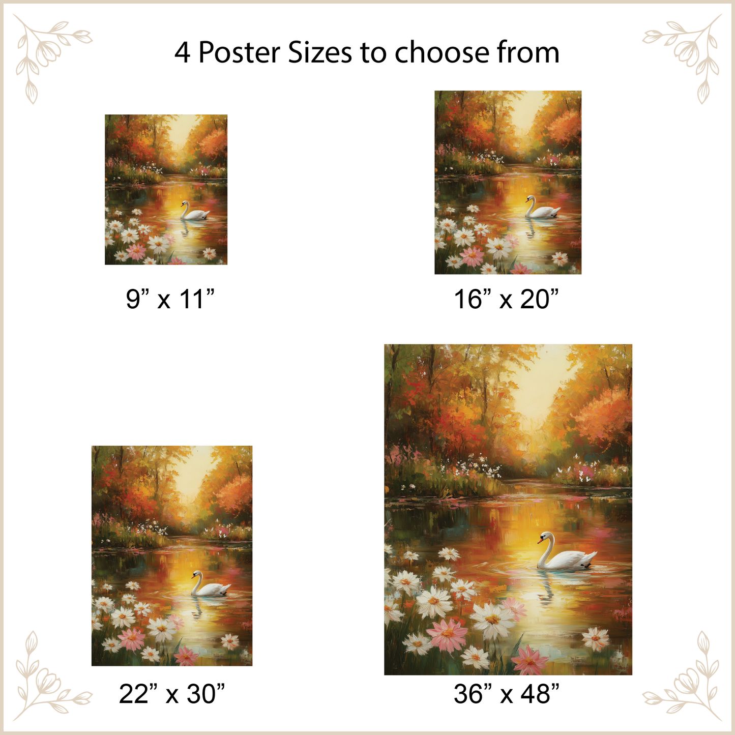 Four sizes of a scenic poster with swans and flowers