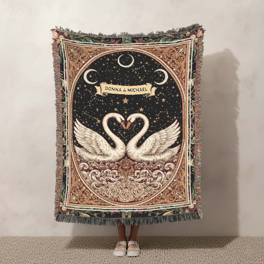 Personalized Swan Woven Blanket, Custom Couple Names Tapestry, Valentine's Day Jacquard Romantic Anniversary Throw, Starry Night Decor