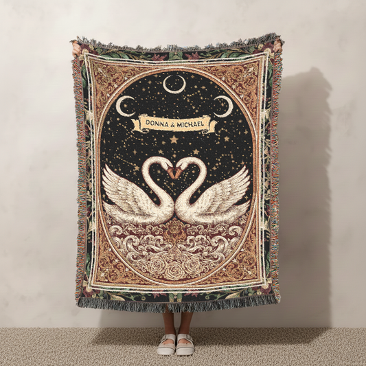 Personalized Swan Woven Blanket, Custom Couple Names Tapestry, Valentine's Day Jacquard Romantic Anniversary Throw, Starry Night Decor