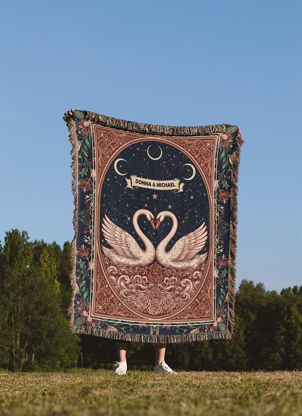 Personalized Swan Woven Blanket, Custom Couple Names Tapestry, Valentine's Day Jacquard Romantic Anniversary Throw, Starry Night Decor