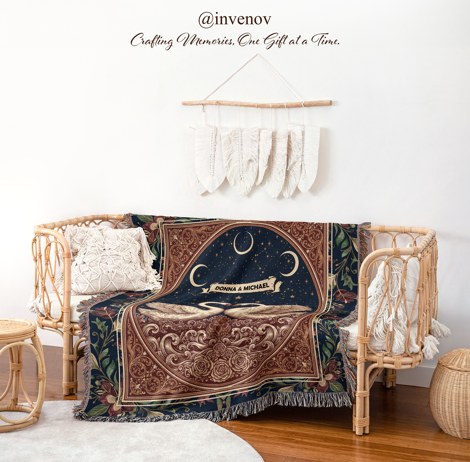 Decorative blanket with celestial design on a wicker chair