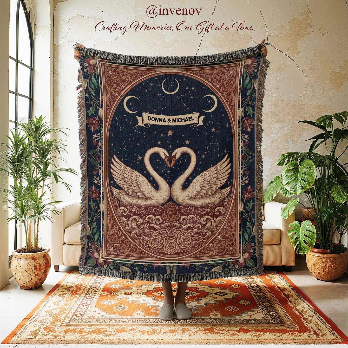 Decorative tapestry with swans and personalized text in a room with plants and furniture.