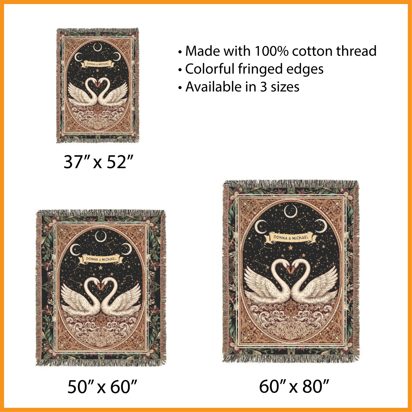 Personalized Swan Woven Blanket, Custom Couple Names Tapestry, Valentine's Day Jacquard Romantic Anniversary Throw, Starry Night Decor