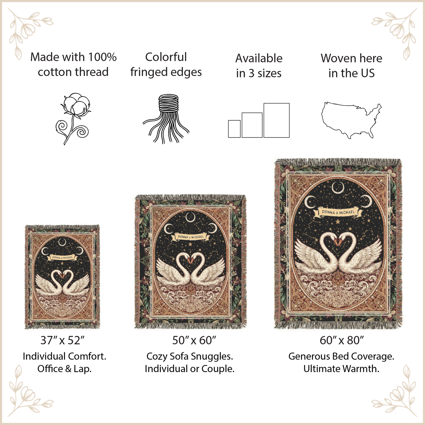Woven blanket with swan design and product size information on a beige background