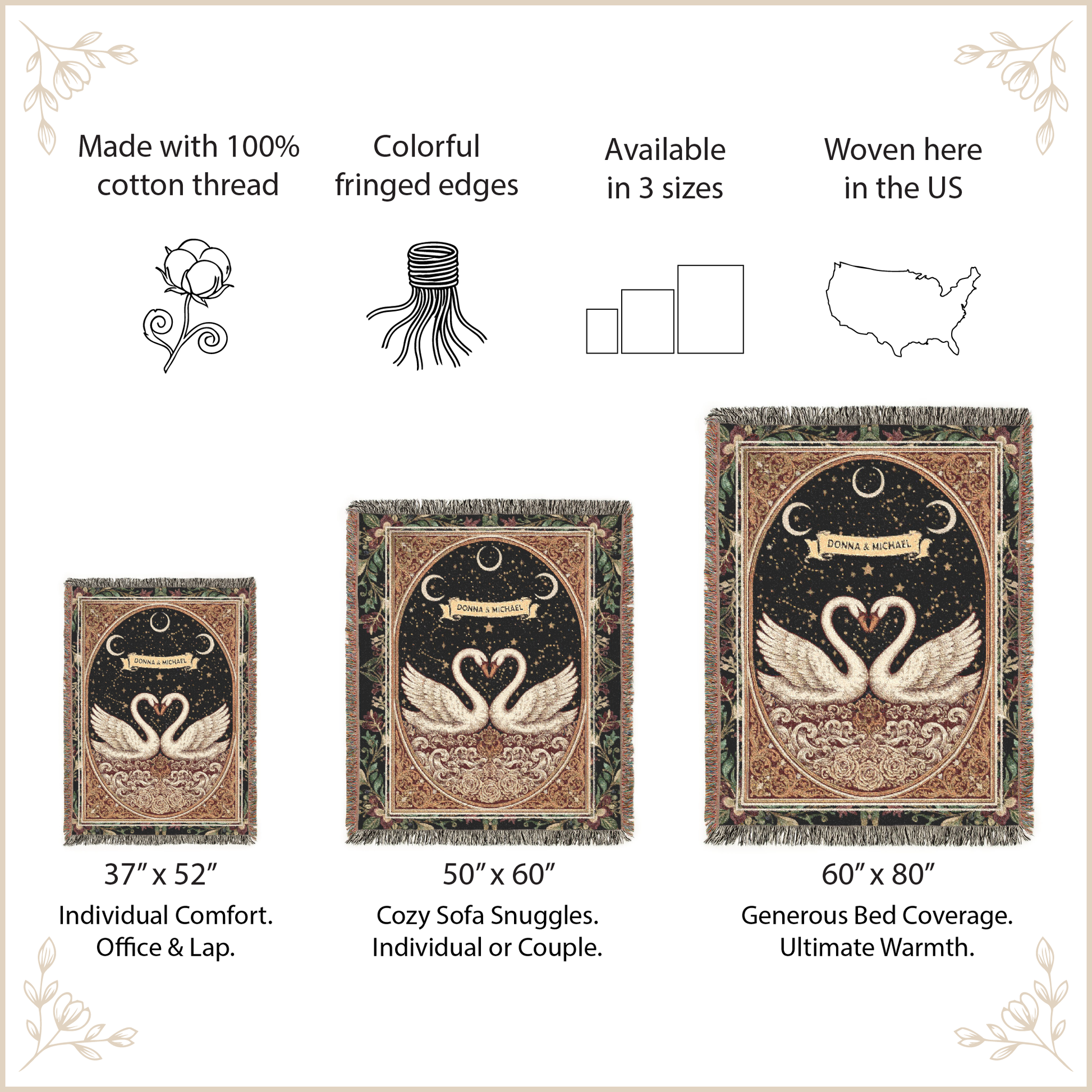 Woven blanket with swan design and product size information on a beige background
