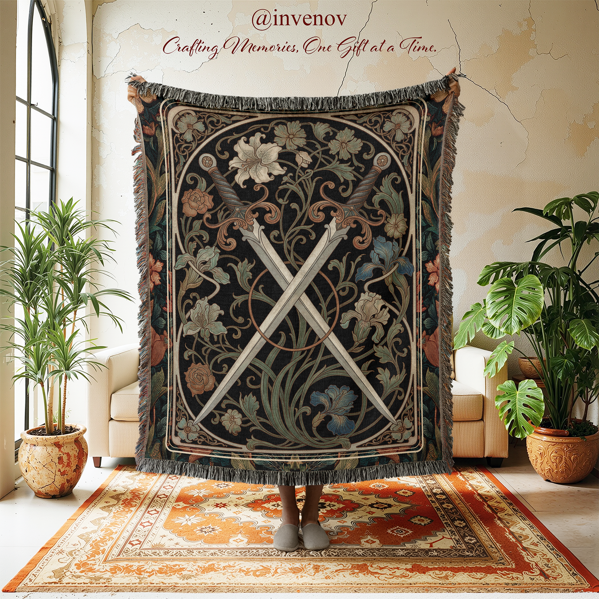 Decorative tapestry with floral and sword design hanging in a room with plants and furniture.