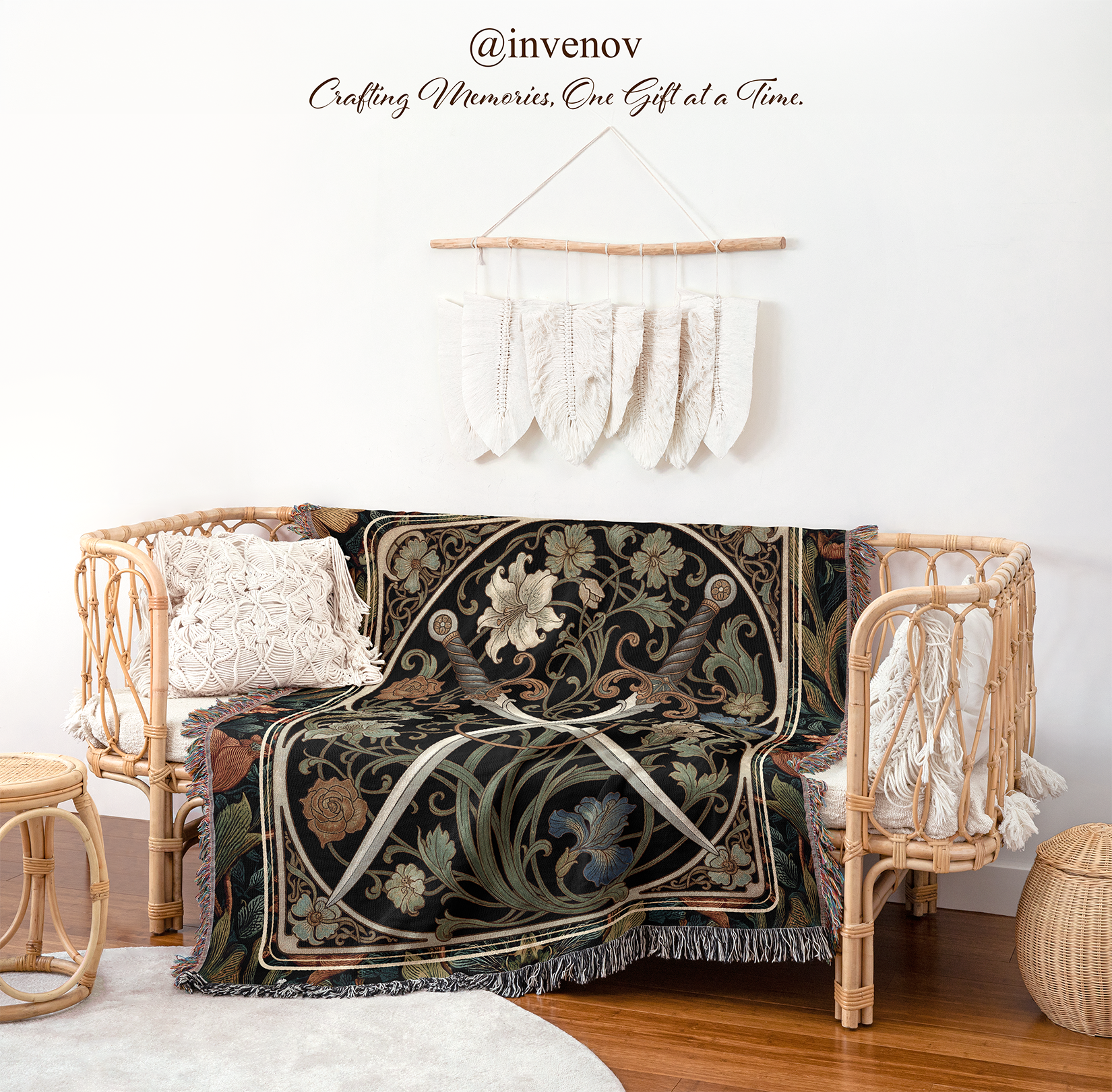 Decorative tapestry with floral and sword design
