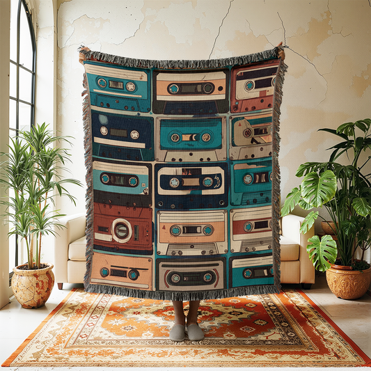 Retro Cassette Tape Woven Blanket, 80s 90s Music Jacquard Throw, Vintage Style Mixtape Tapestry Wall Hanging, Gift for Musician, Home Decor
