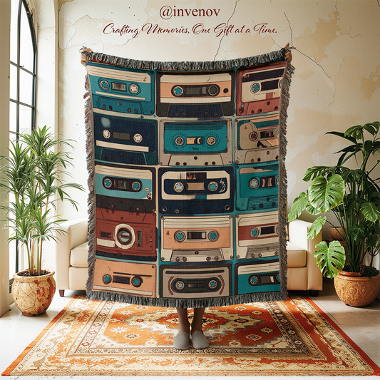 Tapestry with cassette tape design in a room with plants and furniture.