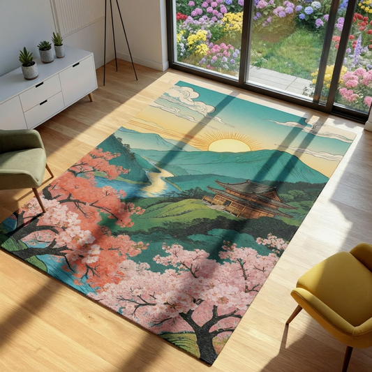 Decorative rug with a Japanese landscape design featuring cherry blossoms and a pagoda, placed in a room with a view of a garden.