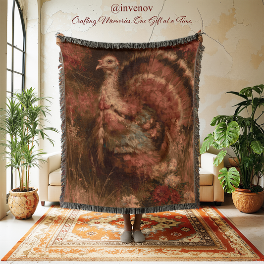 A person holds up a large fringed throw blanket featuring a detailed vintage-style turkey illustration in earthy brown, red, and gray tones. The scene is set in a cozy living room with potted plants, cream-colored armchairs, and a patterned rug, with the text '@invenov Crafting Memories, One Gift at a Time.