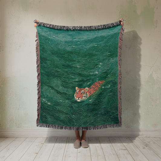 Swimming Tiger Woven Blanket, Japanese Painting Style Tapestry, Coastal Art Jacquard Throw, Asian Animal Wall Hanging, Zen Decor Gift