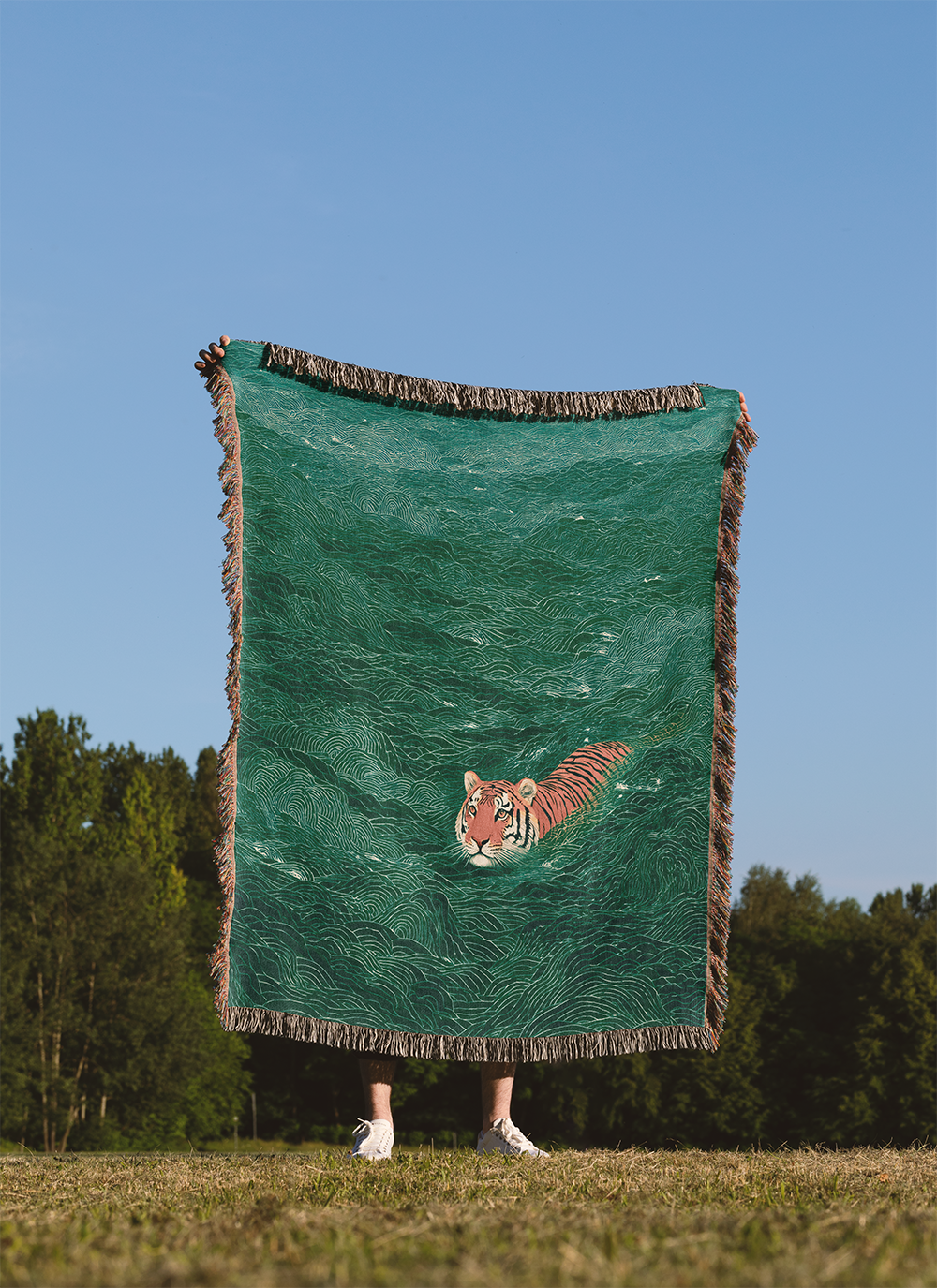 Swimming Tiger Woven Blanket, Japanese Painting Style Tapestry, Coastal Art Jacquard Throw, Asian Animal Wall Hanging, Zen Decor Gift