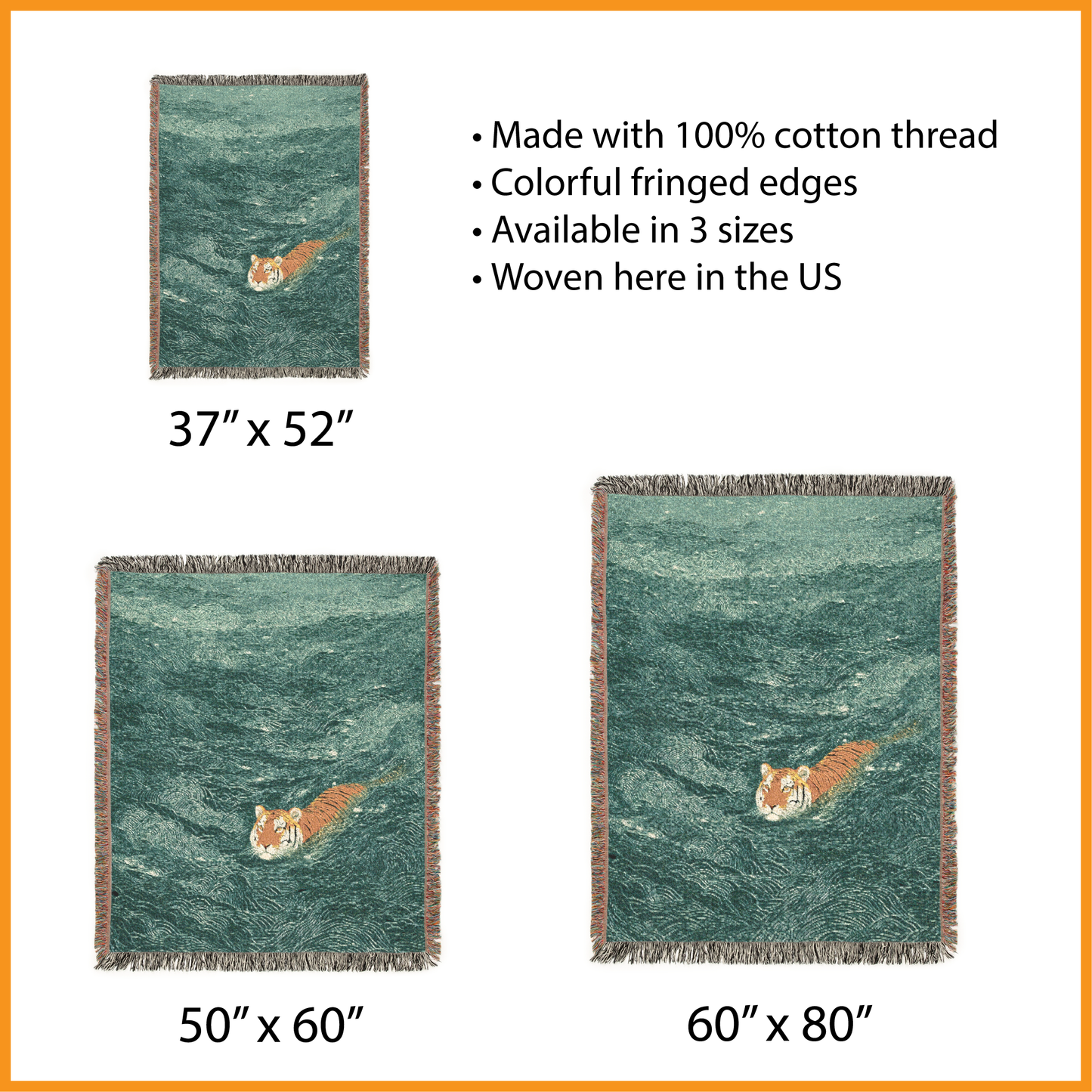 Swimming Tiger Woven Blanket, Japanese Painting Style Tapestry, Coastal Art Jacquard Throw, Asian Animal Wall Hanging, Zen Decor Gift