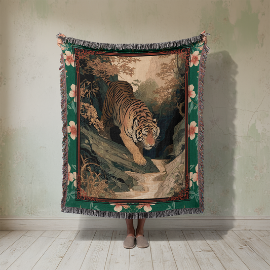 Tiger Woven Blanket, Vintage Style Japanese Tapestry, Asian Art Jacquard Throw Wall Hanging, Green Botanical Decor, Dark Academia Gift
